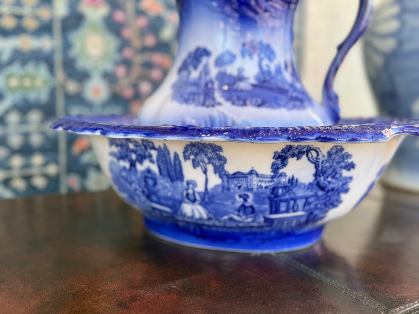 Staffordshire Flow Blue Pitcher & Wash Basin