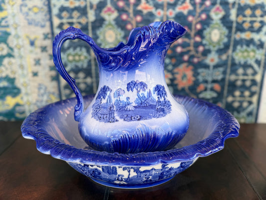 Staffordshire Flow Blue Pitcher & Wash Basin