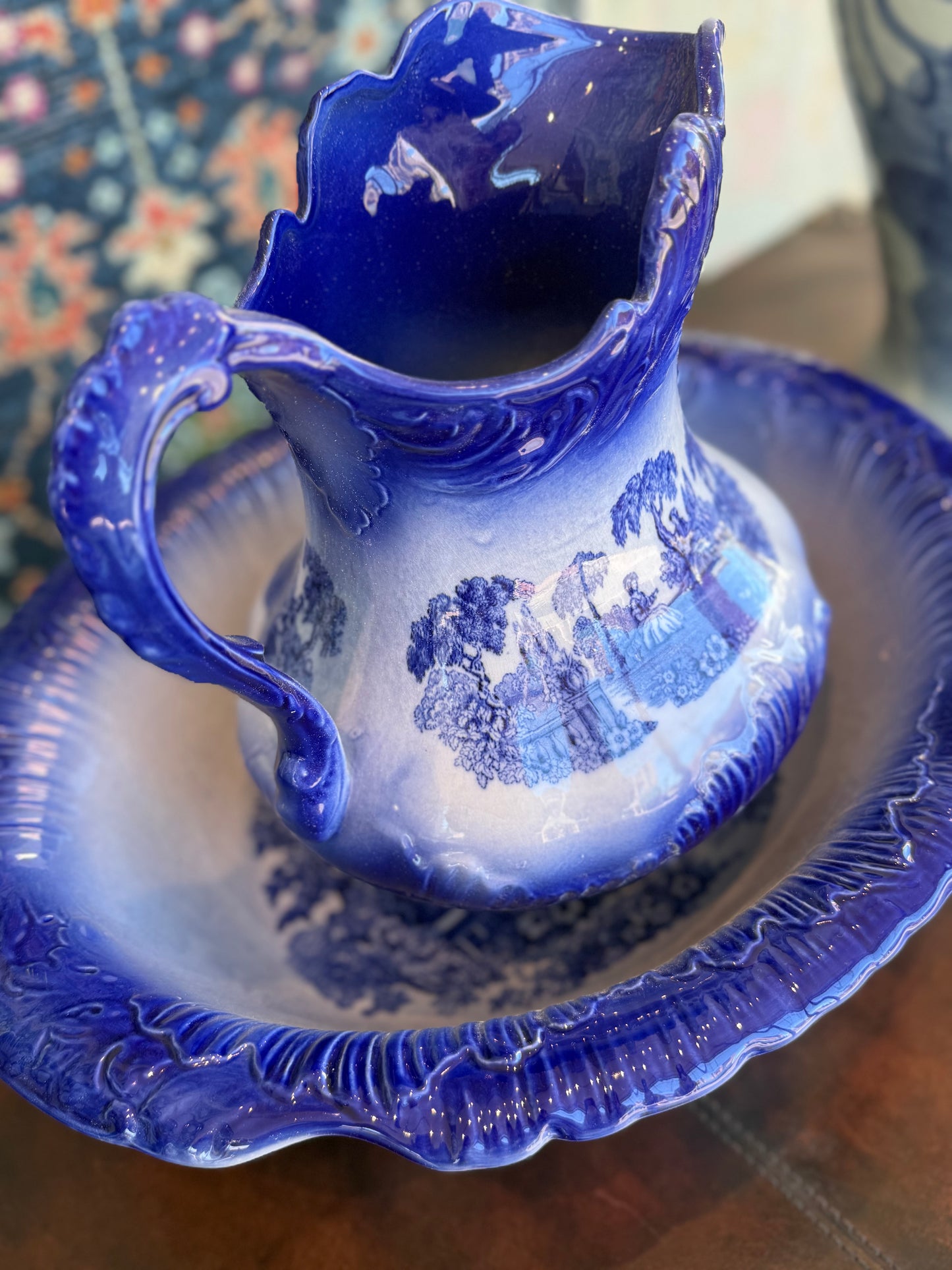 Staffordshire Flow Blue Pitcher & Wash Basin